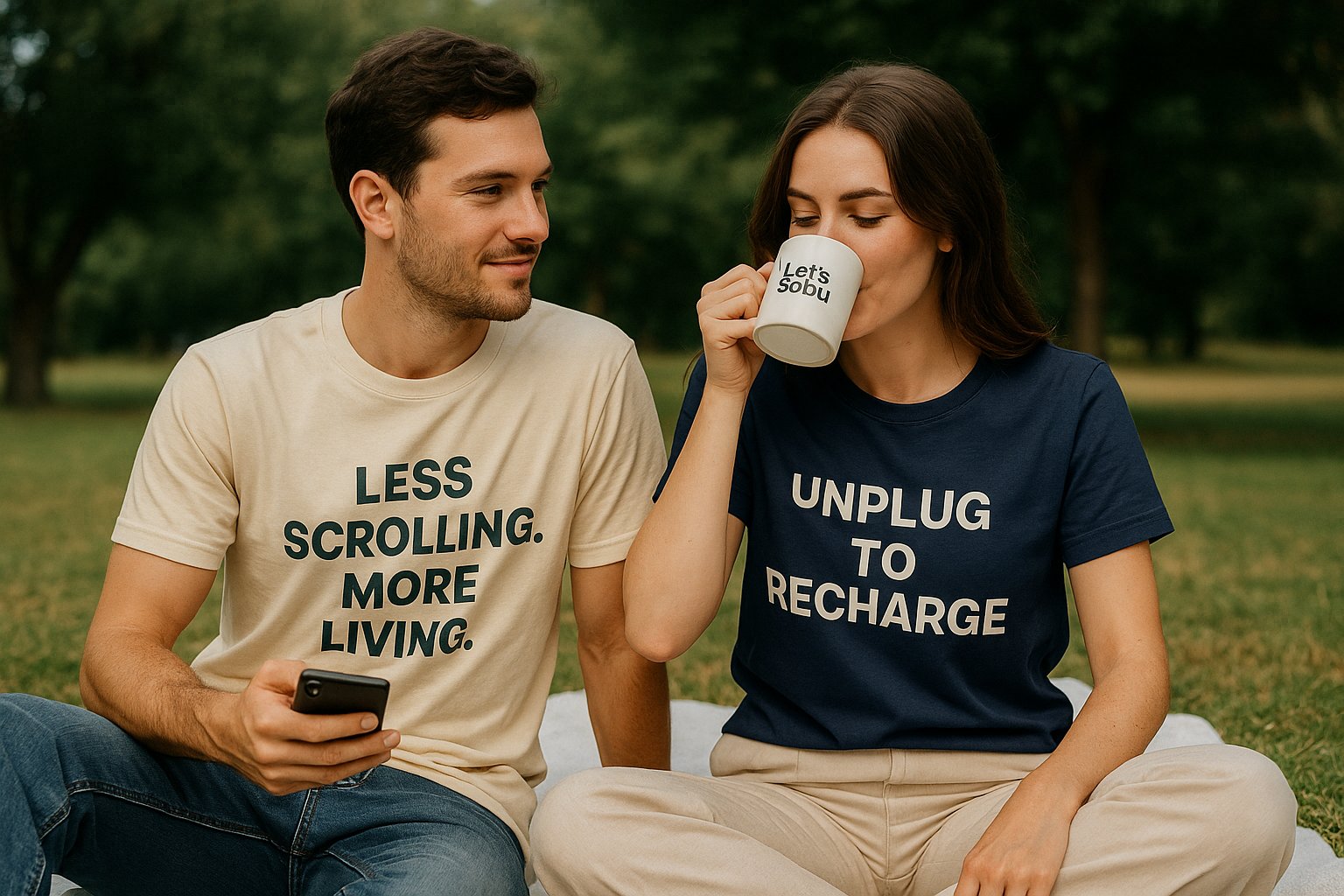 Young man and woman wearing Lessobu shirts outdoors, one holding a coffee cup while listening, the other holding a phone